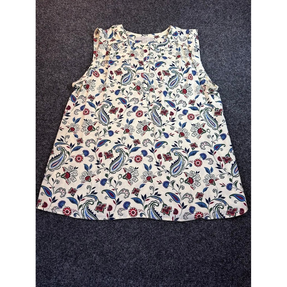 LOFT Women Paisley Floral Sleeveless Blouse Cream Blue Red  L FA23